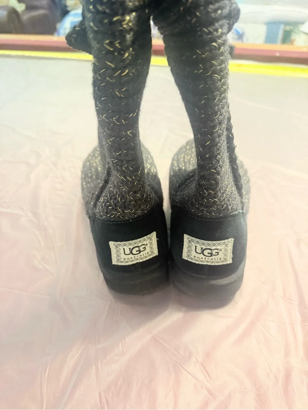 NIB UGG W CLASSIC CARDY KNITTED BLACK METALLIC GOLD WINTER BOOTS WOMEN'S 9 $150